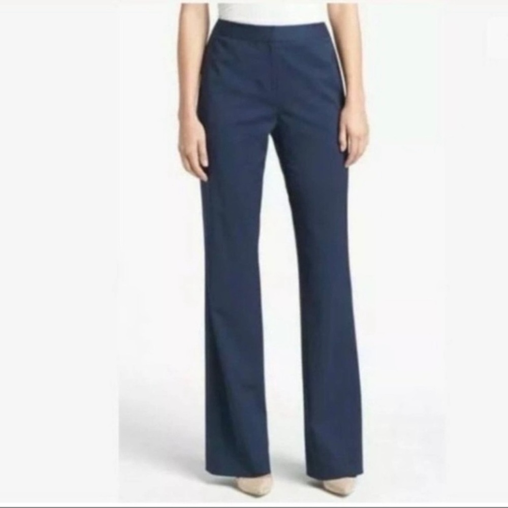 Lafayette 148 Stretch Wool Trousers Flat Front Straight Leg Navy Pants SZ 14